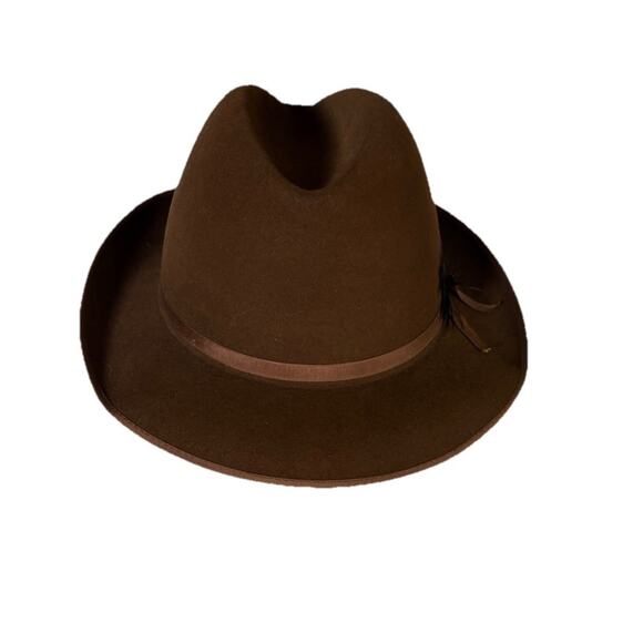 Vintage Dobbs Mens Brown Wool Felt Black Feather Fedora Hat 7 1/4 - Picture 1 of 16